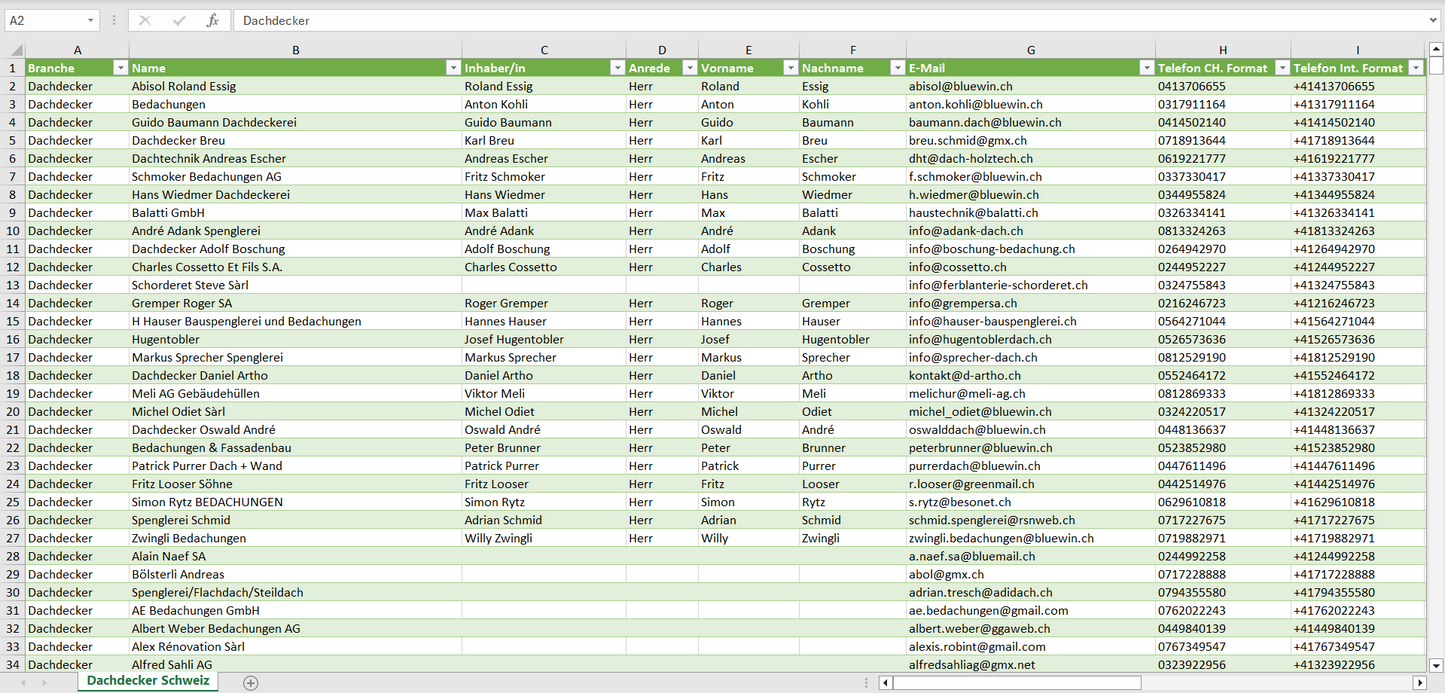 Vorschau der Liste mit den Dachdecker Adressen