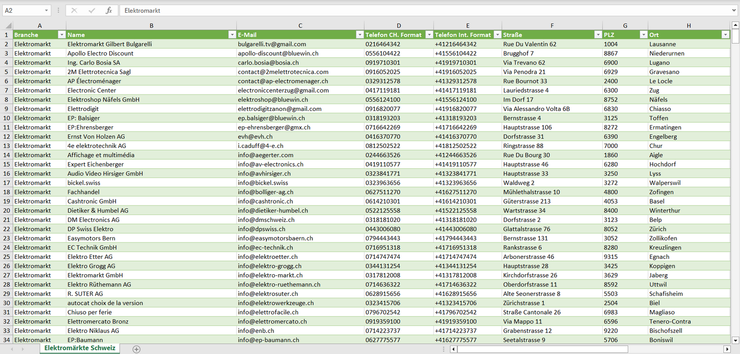 Vorschau der Liste mit den Elektromarkt Adressen