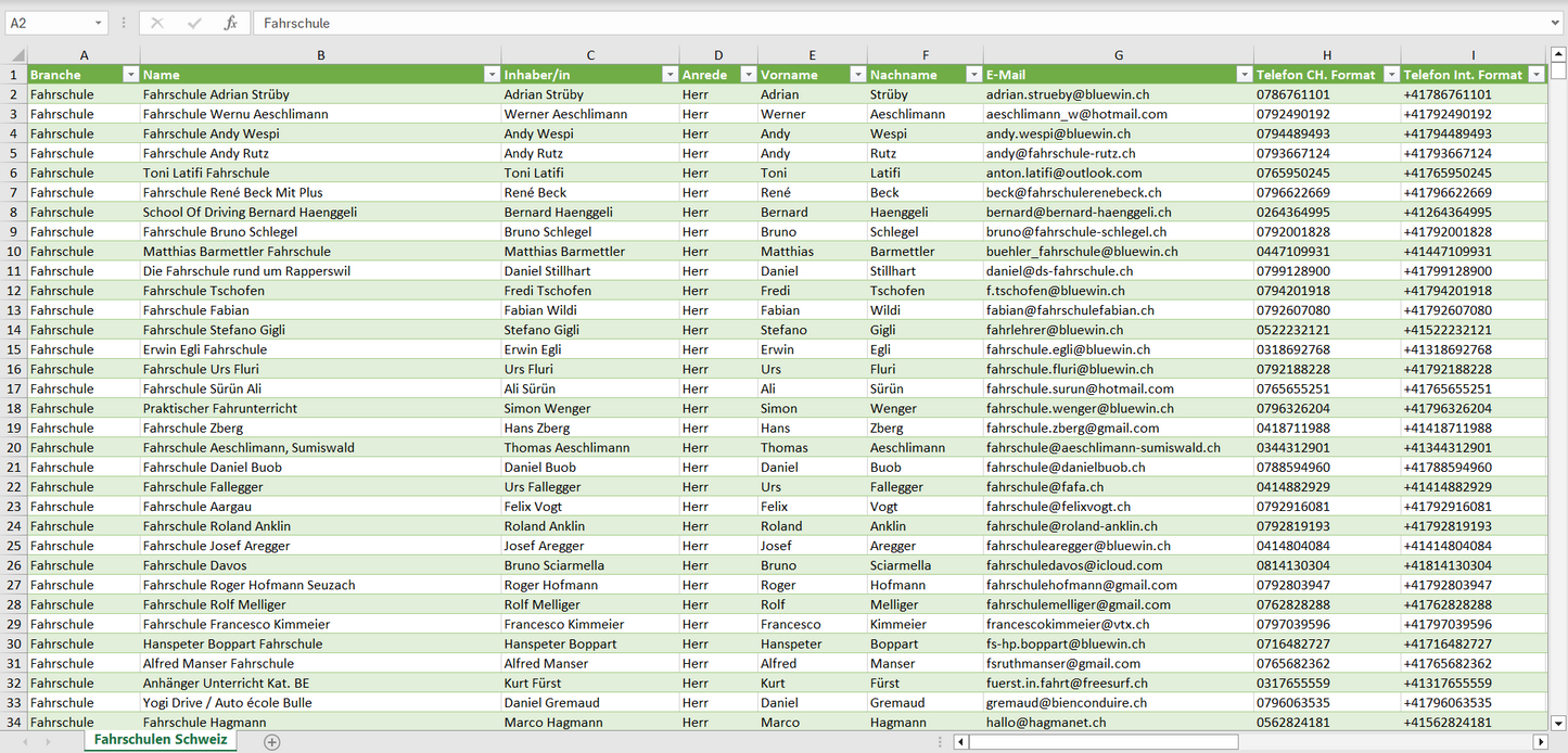 Vorschau der Liste mit den Fahrschulen Adressen