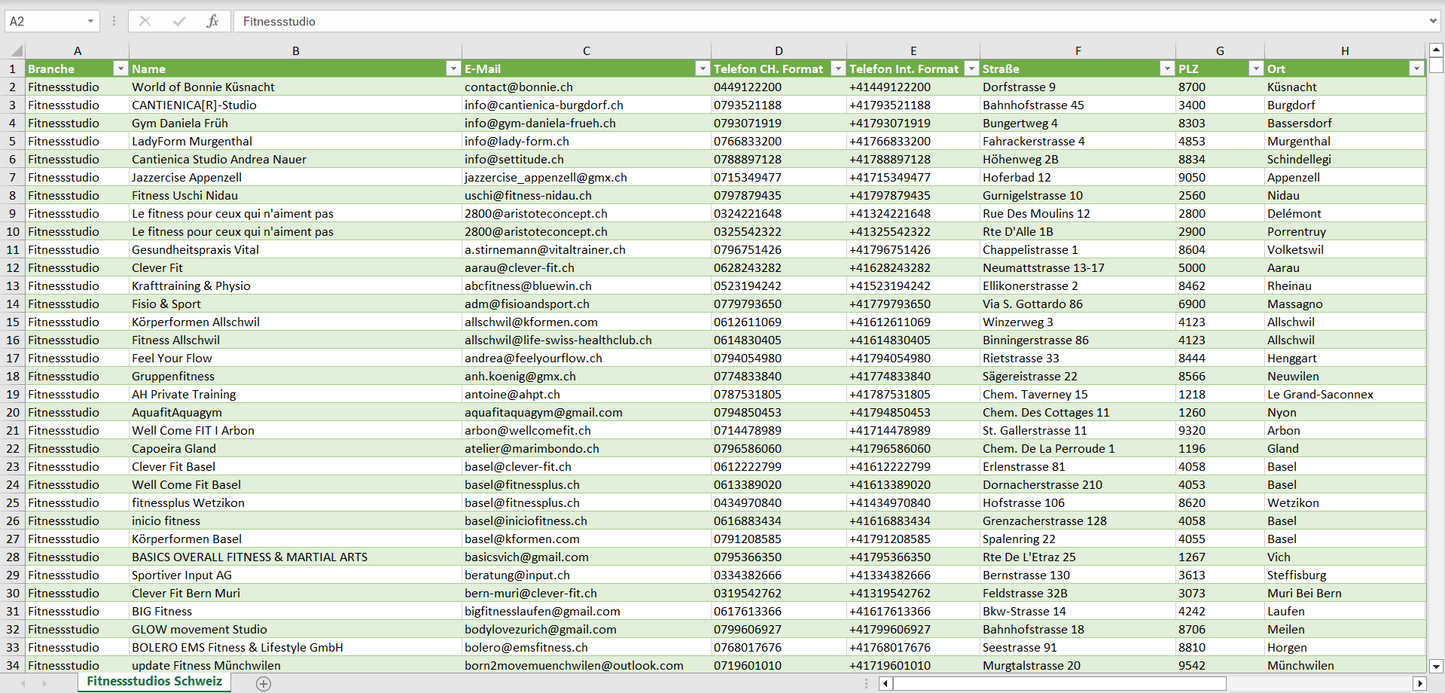 Vorschau der Liste mit den Fitnessstudio Adressen