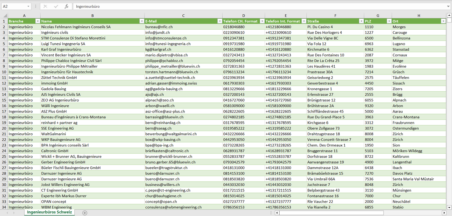 Vorschau der Liste mit den Ingenieurbüro Adressen