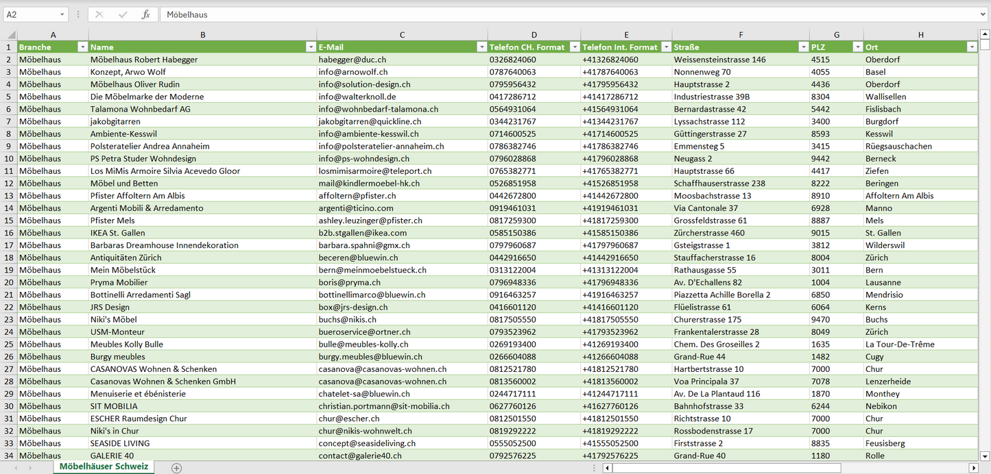 Vorschau der Liste mit den Möbelhäuser Adressen