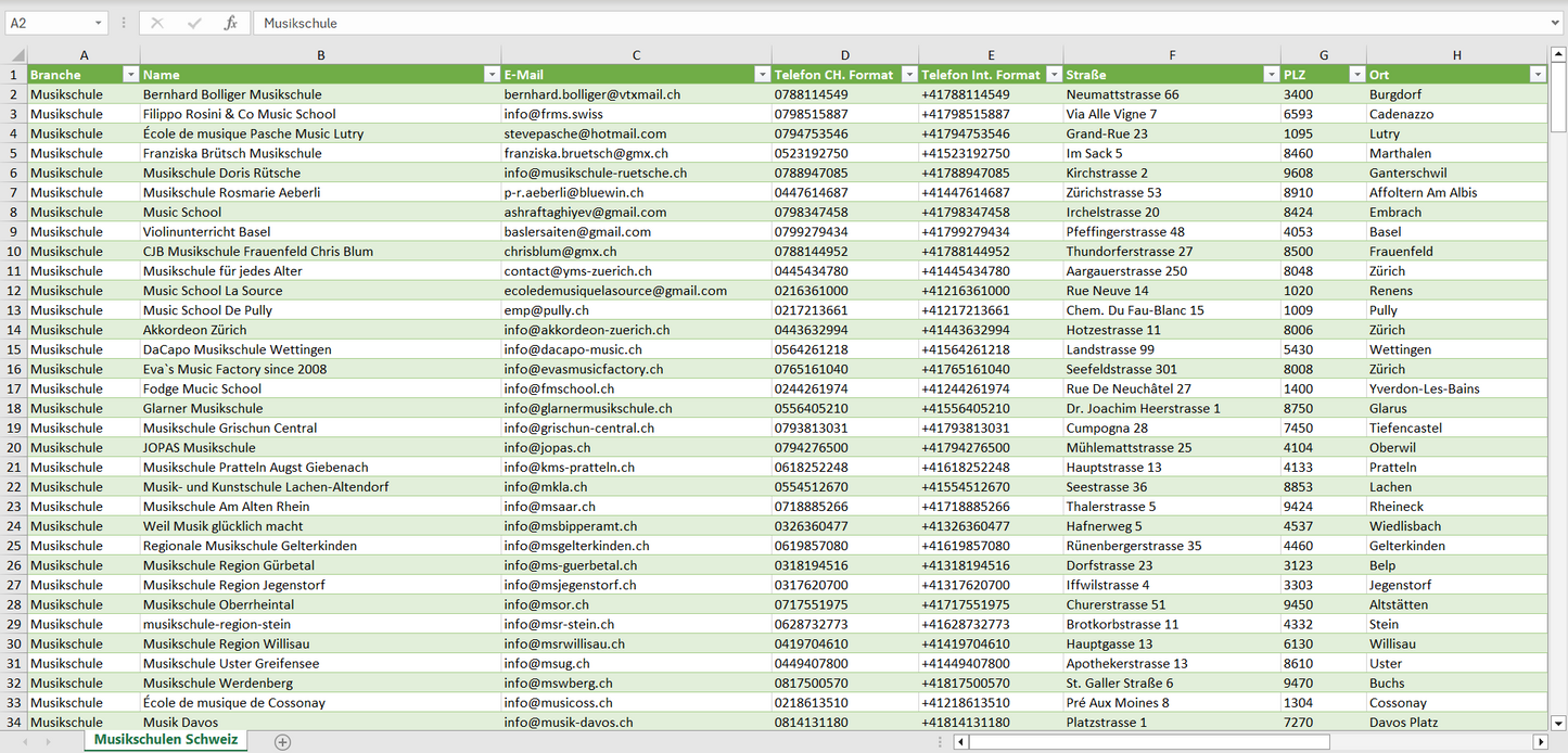 Vorschau der Liste mit den Musikschulen Adressen