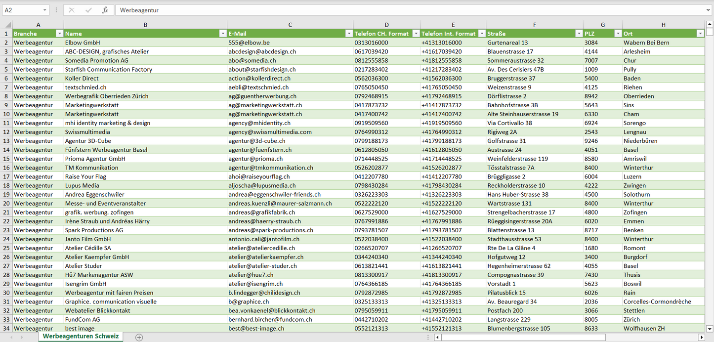 Vorschau der Liste mit den Werbeagenturen Adressen