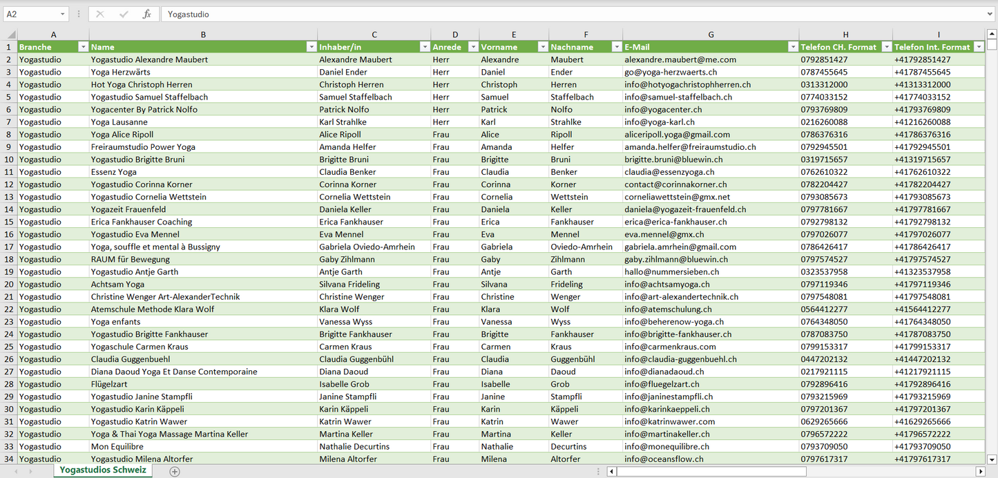 Vorschau der Liste mit den Yogastudio Adressen