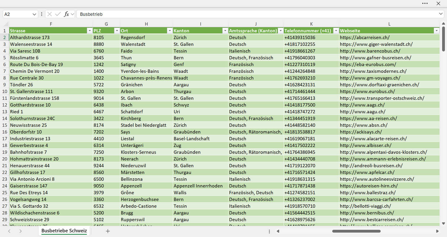 Weitere Vorschau der Liste mit den Busunternehmen Adressen