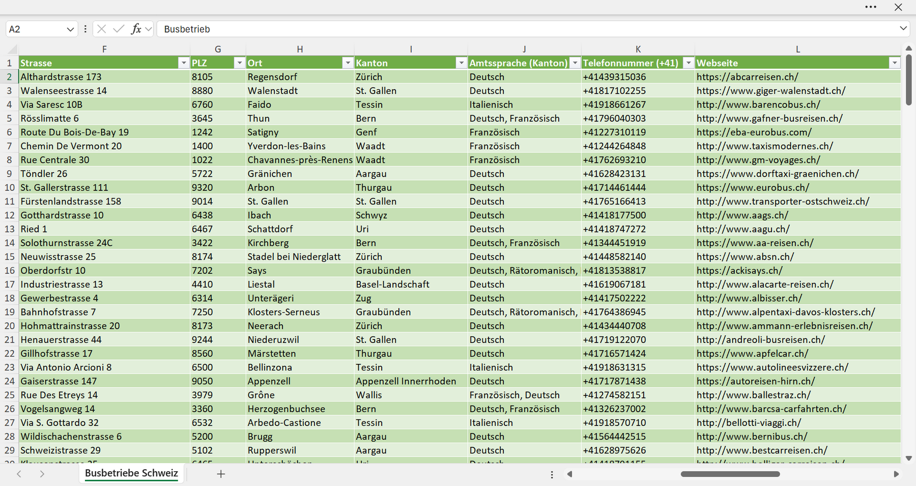 Weitere Vorschau der Liste mit den Busunternehmen Adressen