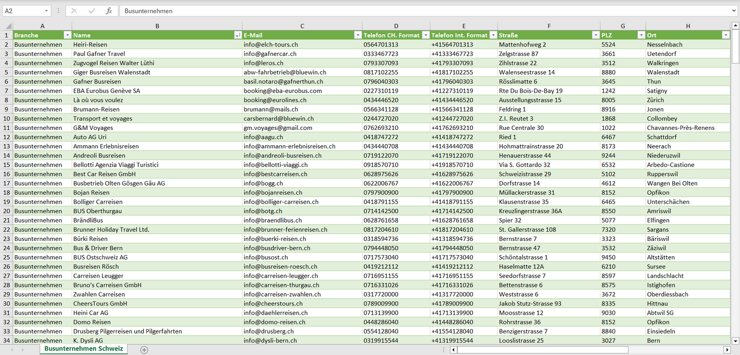 Vorschau der Liste mit den Busunternehmen Adressen