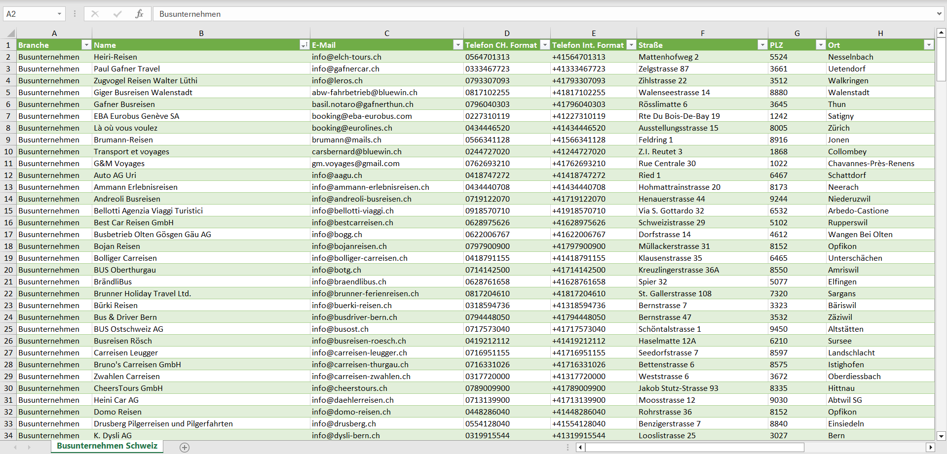 Vorschau der Liste mit den Busunternehmen Adressen