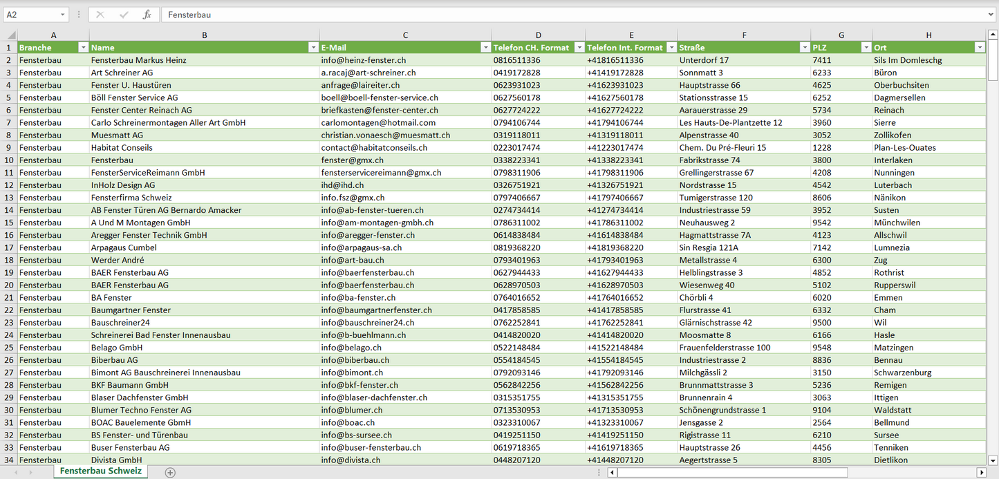 Vorschau der Liste mit den Fensterbau Adressen