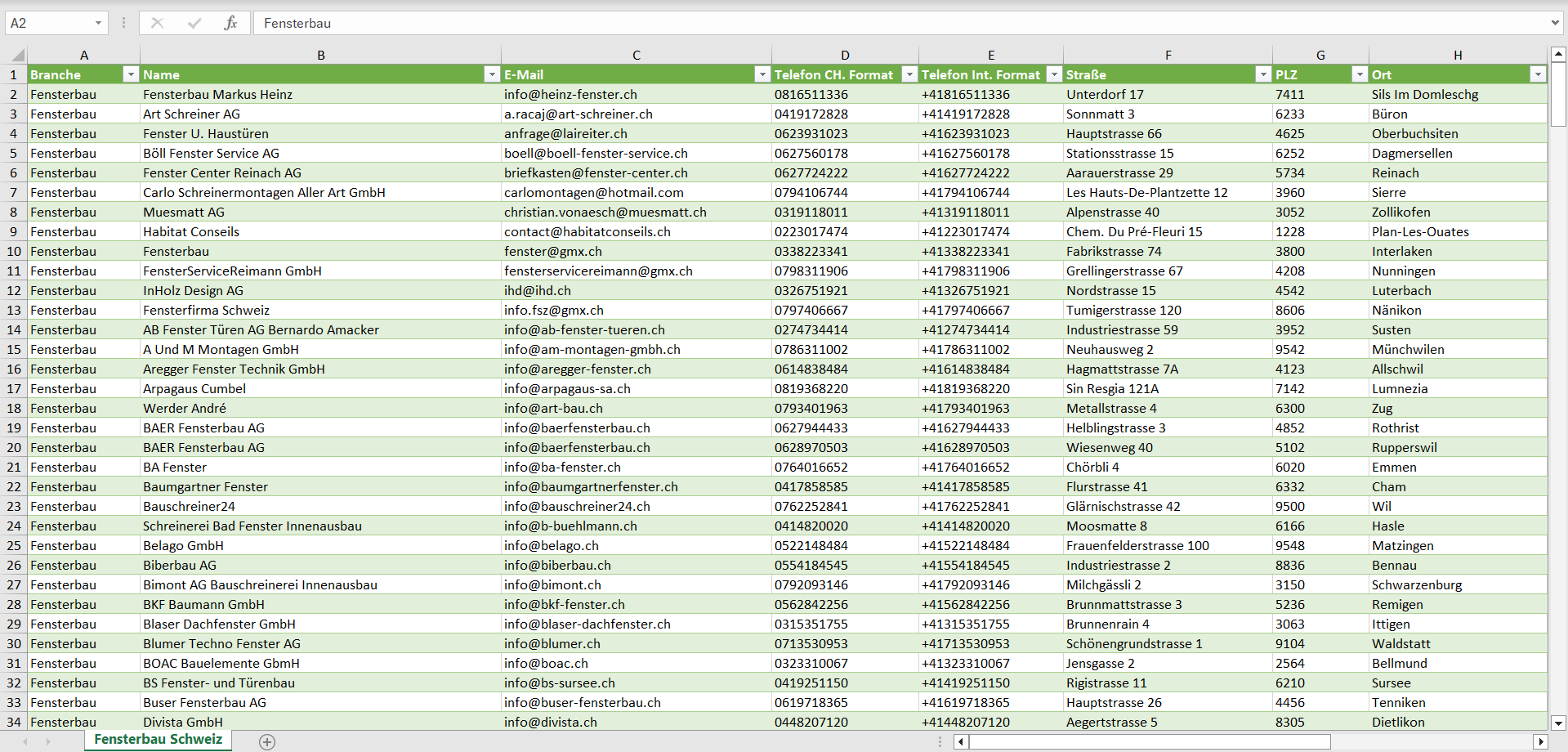 Vorschau der Liste mit den Fensterbau Adressen