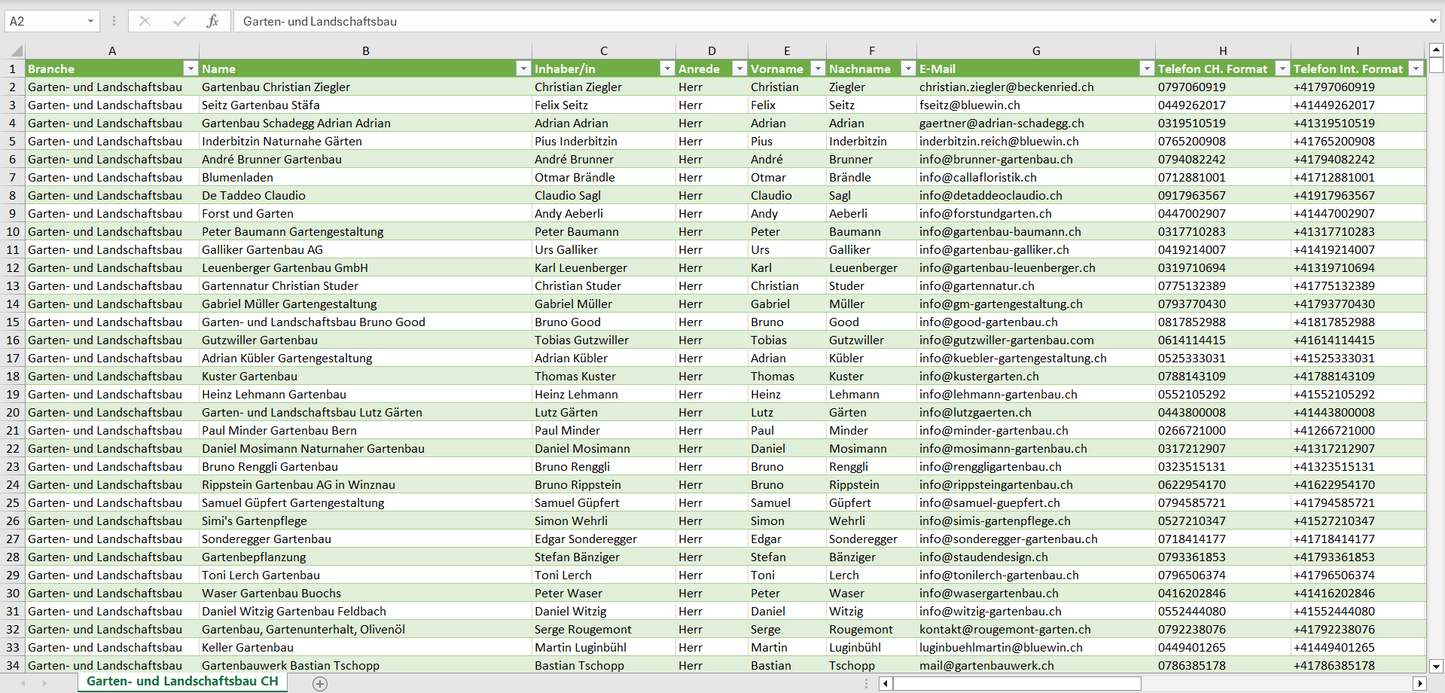 Vorschau der Liste mit den Adressen der Garten- und Landschaftsbau-Betrieben