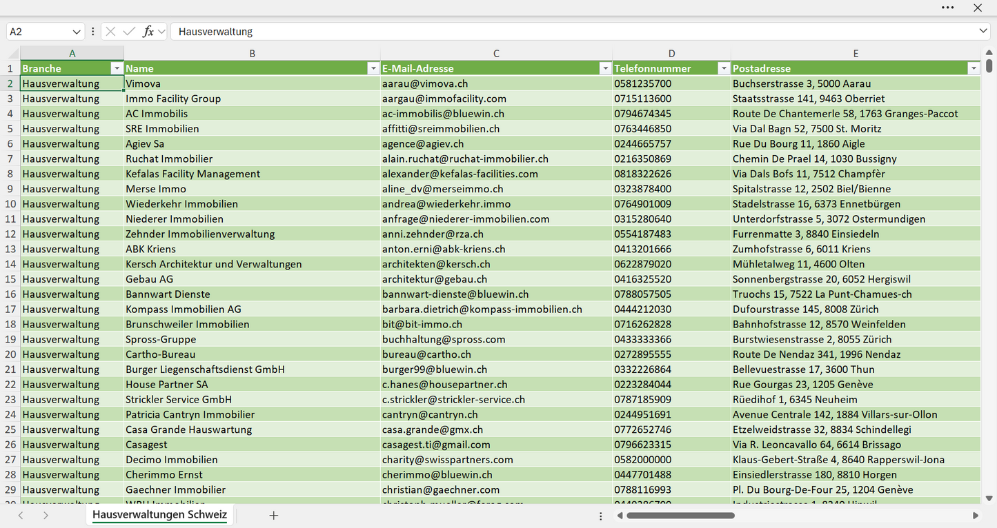 Vorschau der Liste mit den Hausverwaltungen Adressen