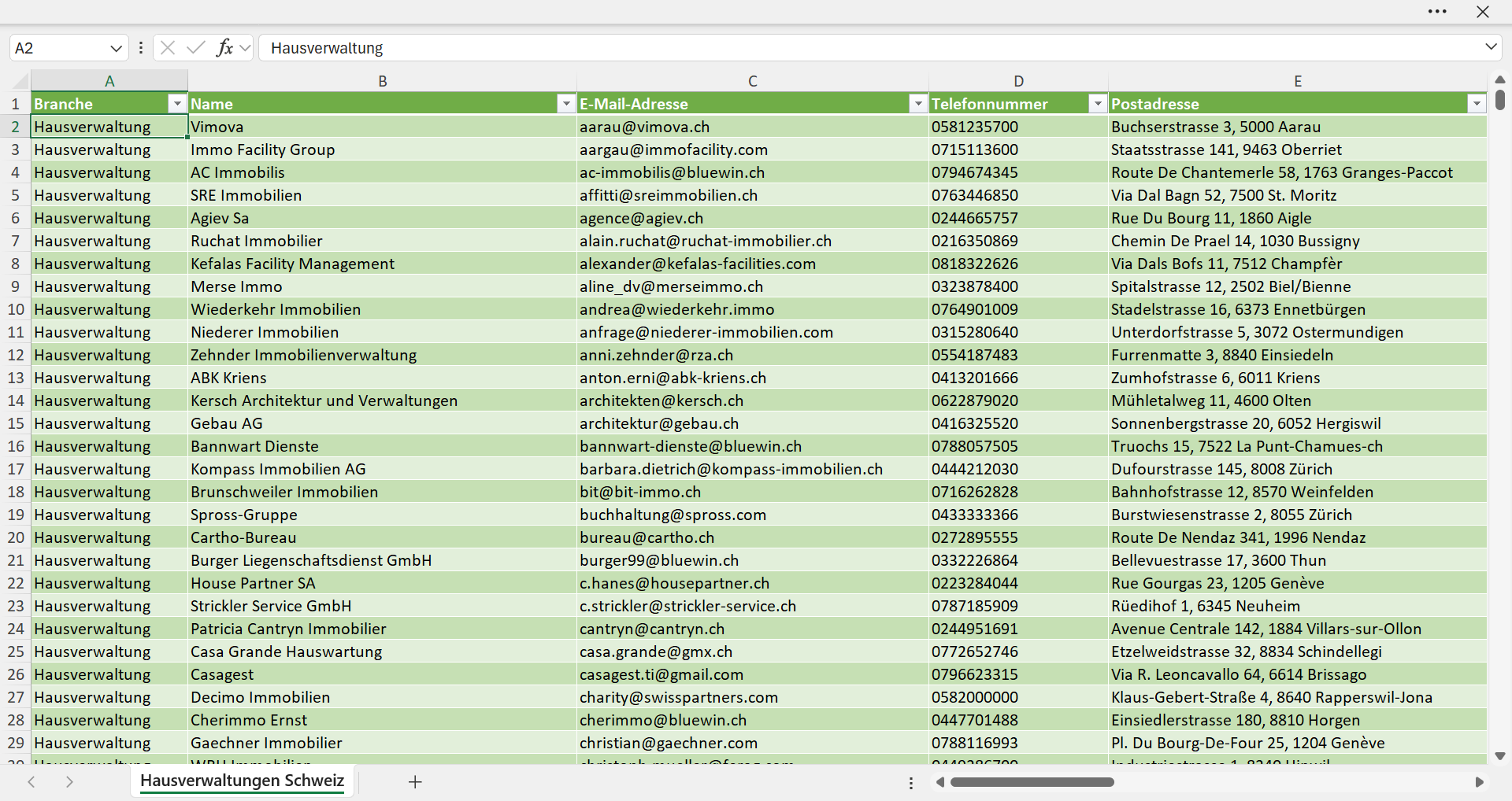 Vorschau der Liste mit den Hausverwaltungen Adressen