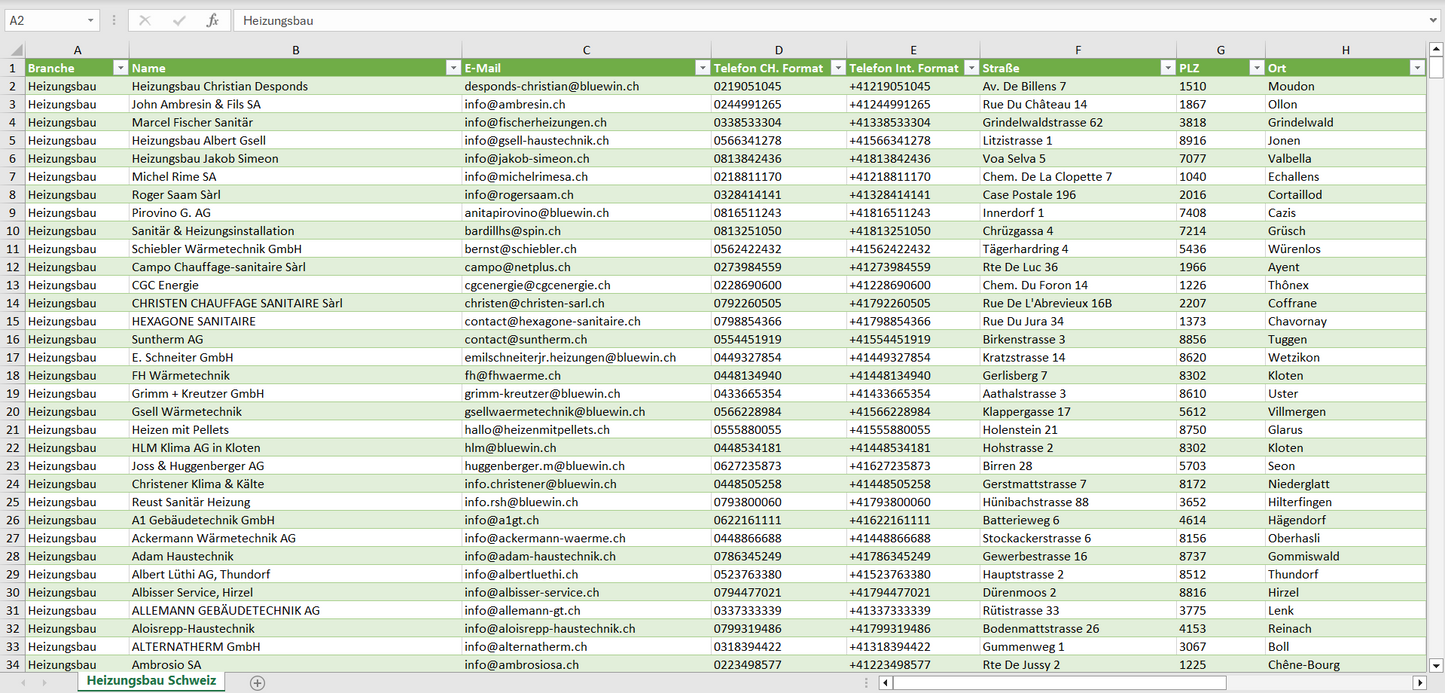 Vorschau der Liste mit den Adressen der Heizungsbau-Betrieben