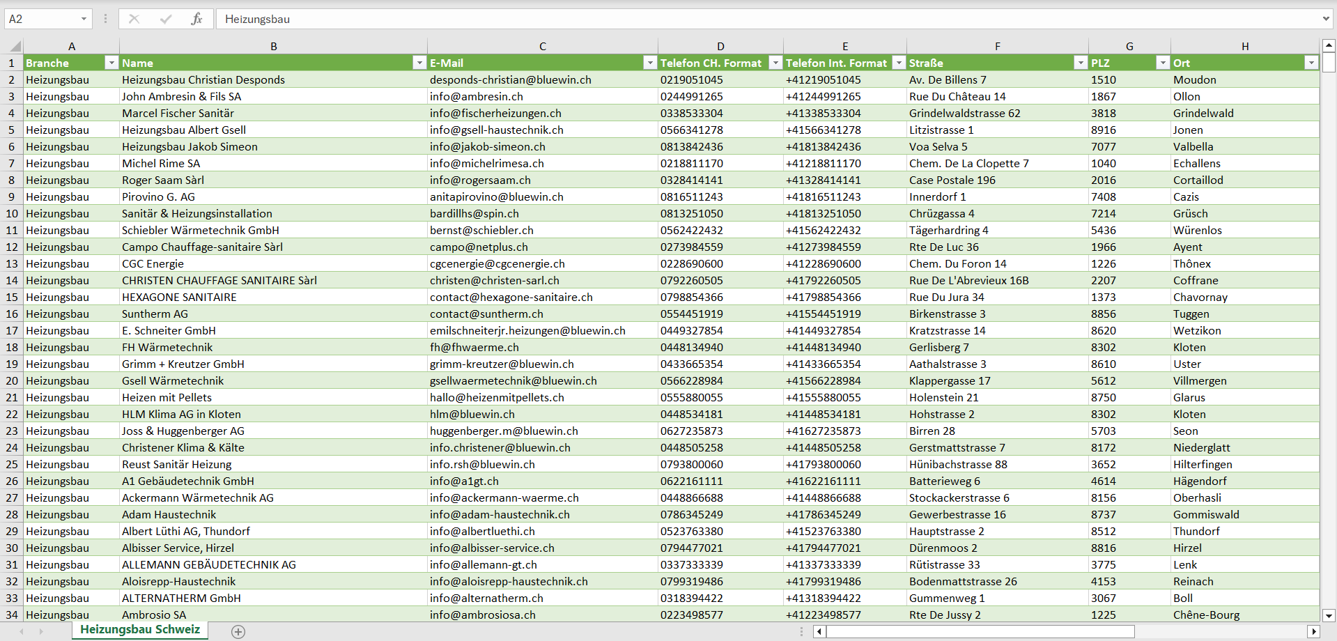 Vorschau der Liste mit den Adressen der Heizungsbau-Betrieben