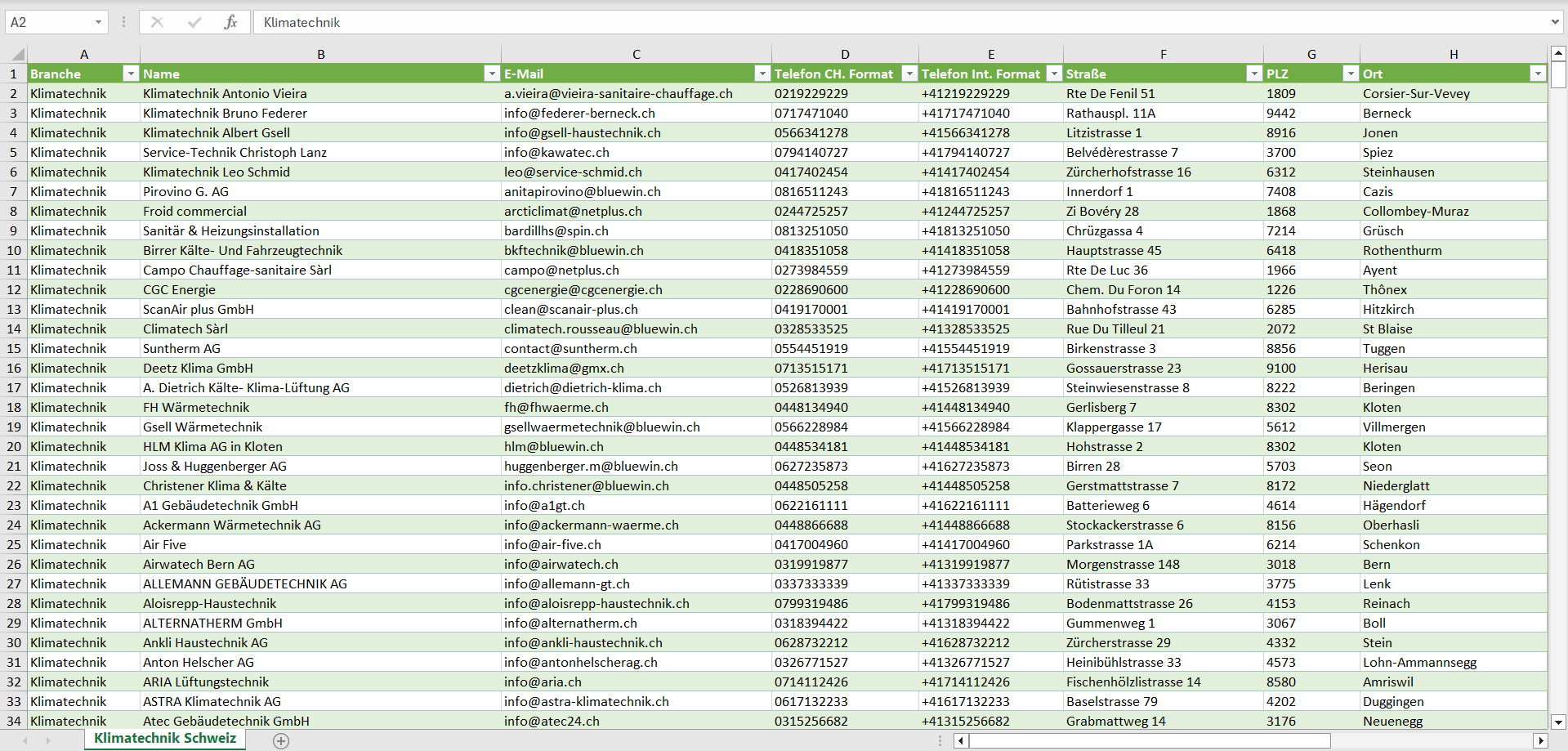 Vorschau der Liste mit den Klimatechnik Adressen