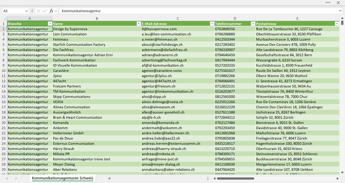 Vorschau der Liste mit den Adressen der Kommunikationsagenturen