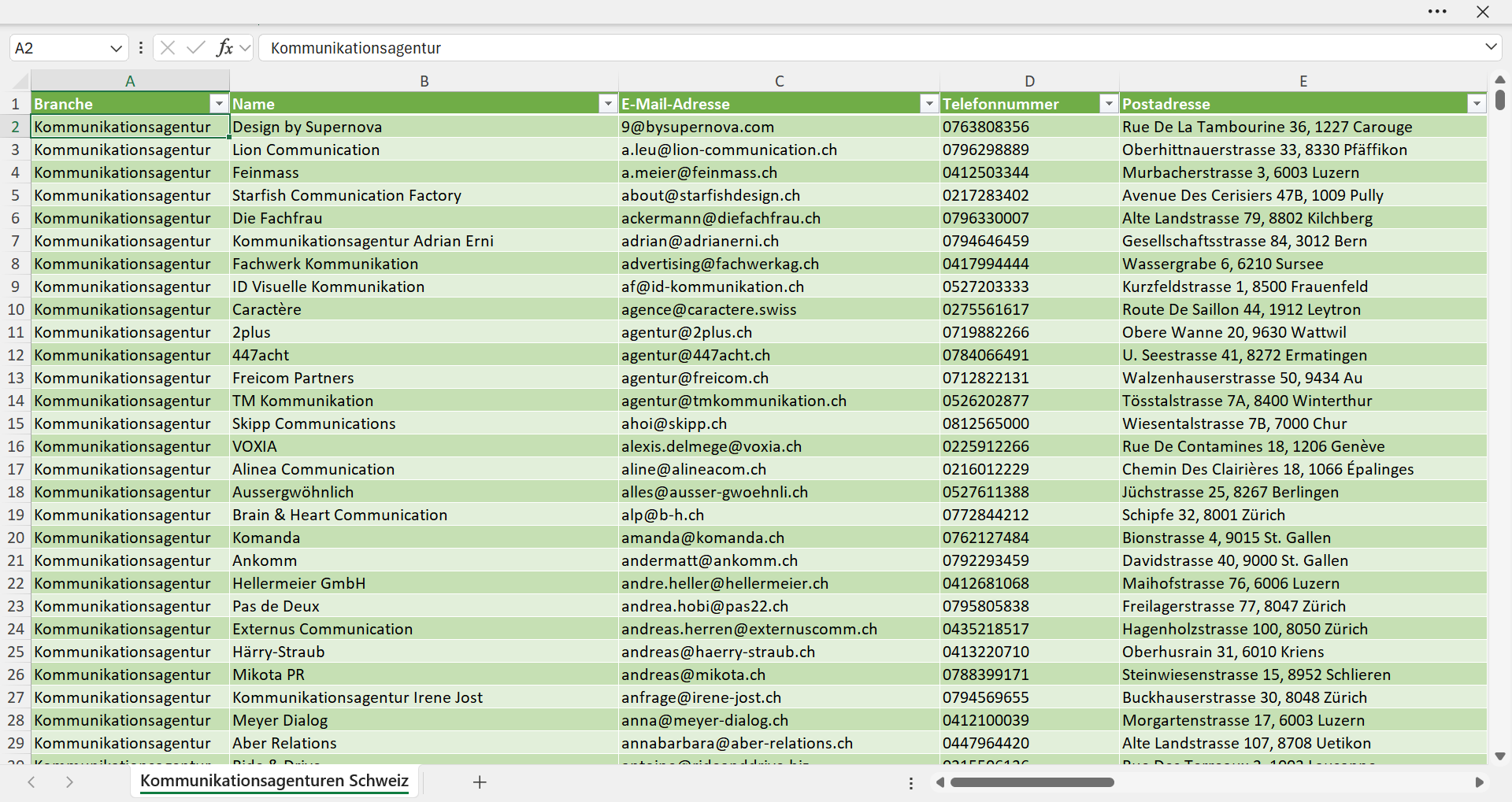 Vorschau der Liste mit den Adressen der Kommunikationsagenturen