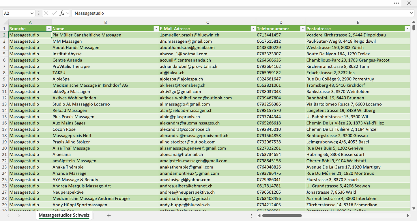 Vorschau der Liste mit den Massagestudio Adressen