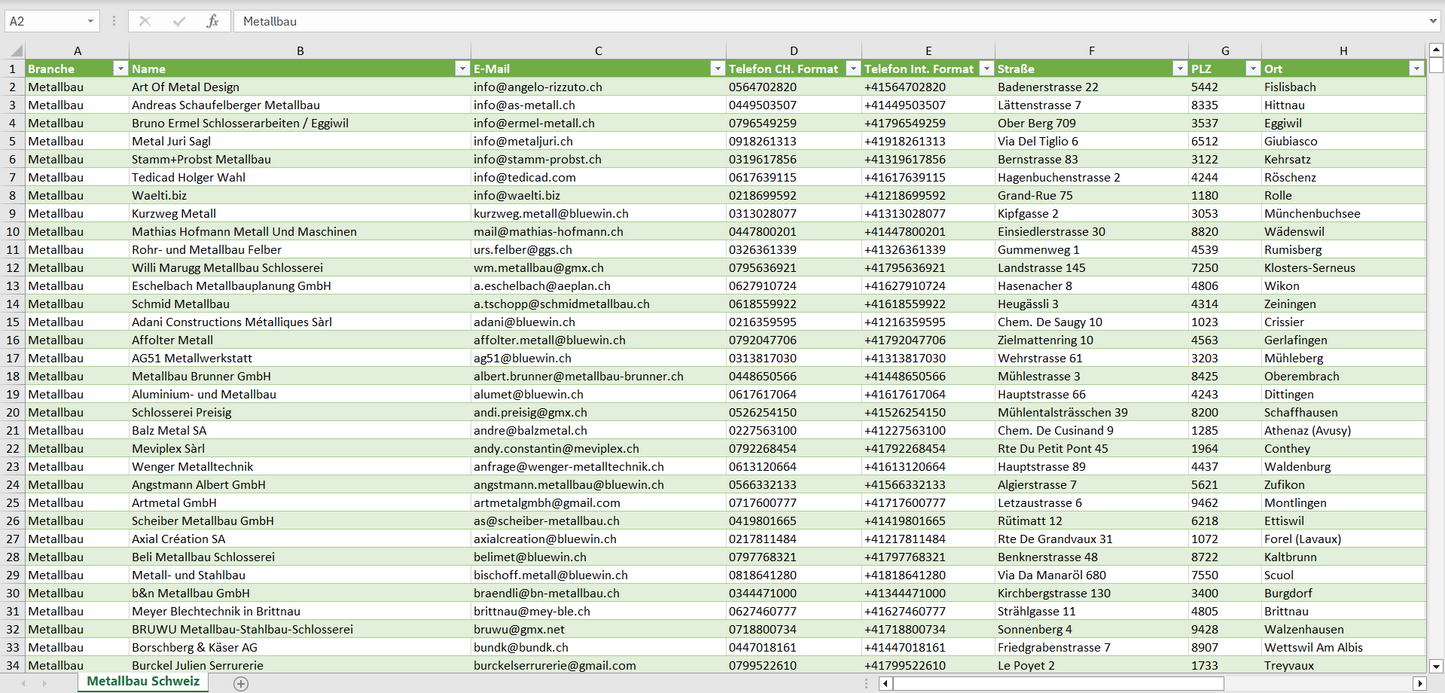 Vorschau der Liste mit den Metallbau Adressen