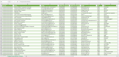 Vorschau der Liste mit den Transportunternehmen Adressen