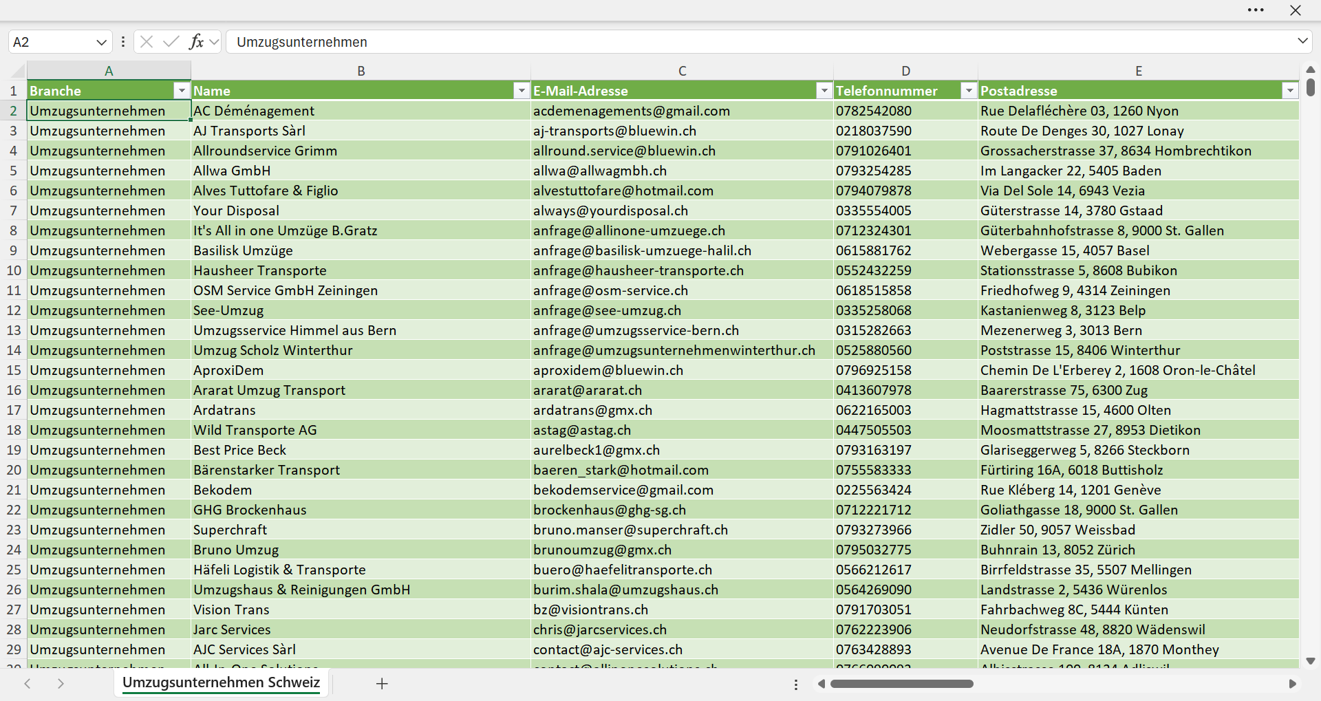 Vorschau der Liste mit den Umzugsunternehmen Adressen