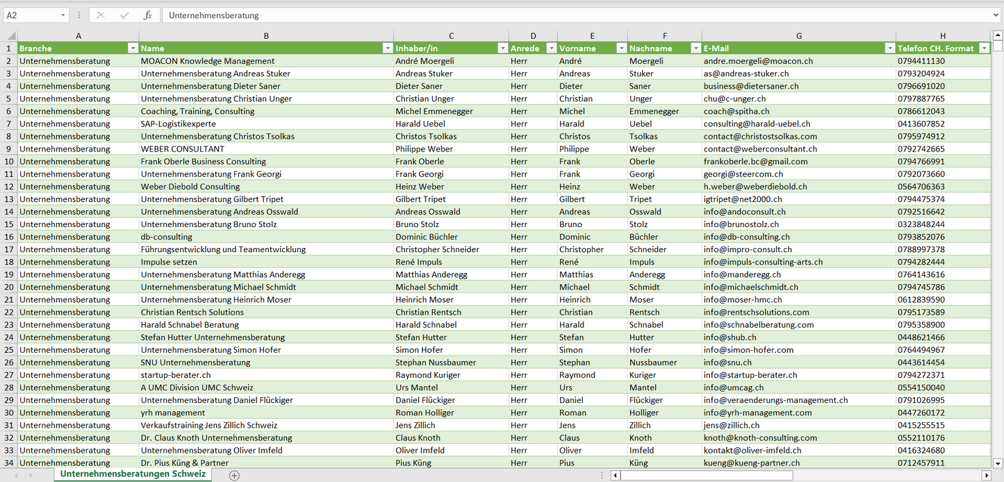 Vorschau der Liste mit den Unternehmensberatungen Adressen