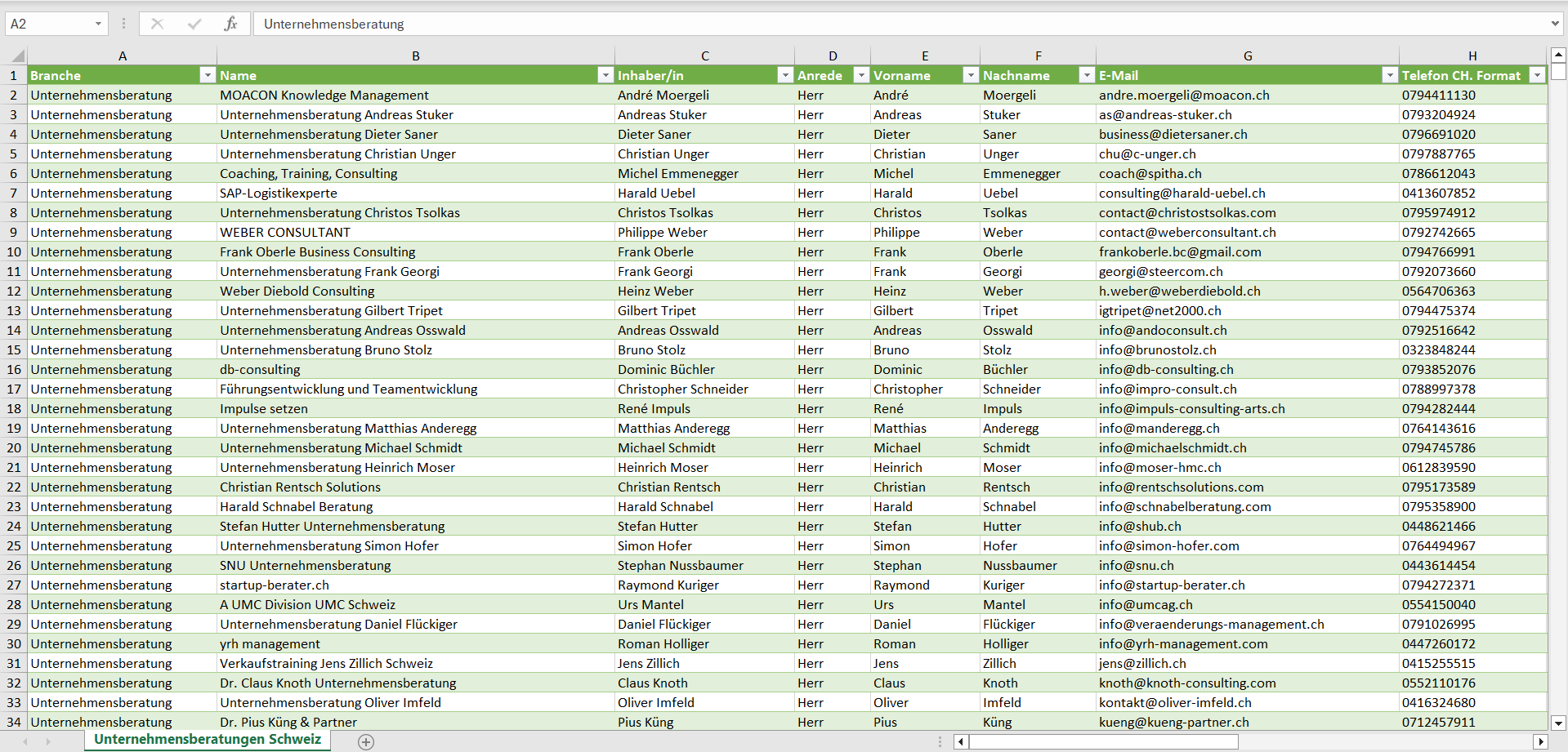 Vorschau der Liste mit den Unternehmensberatungen Adressen