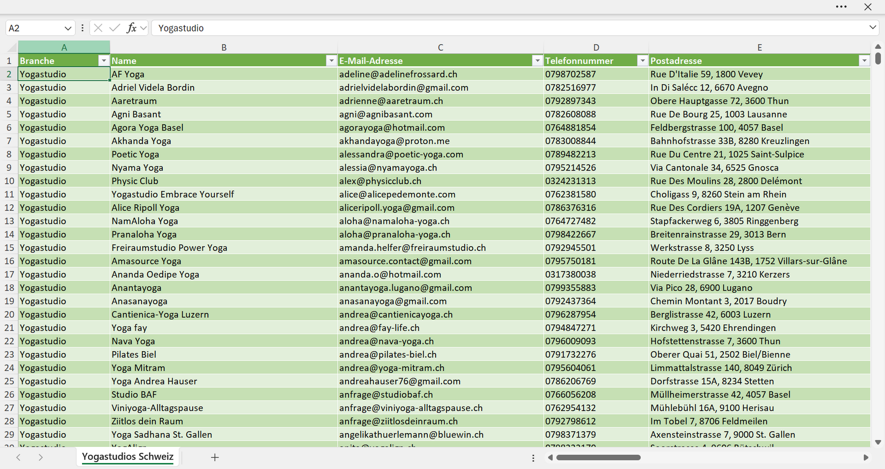 Vorschau der Liste mit den Yogastudio Adressen