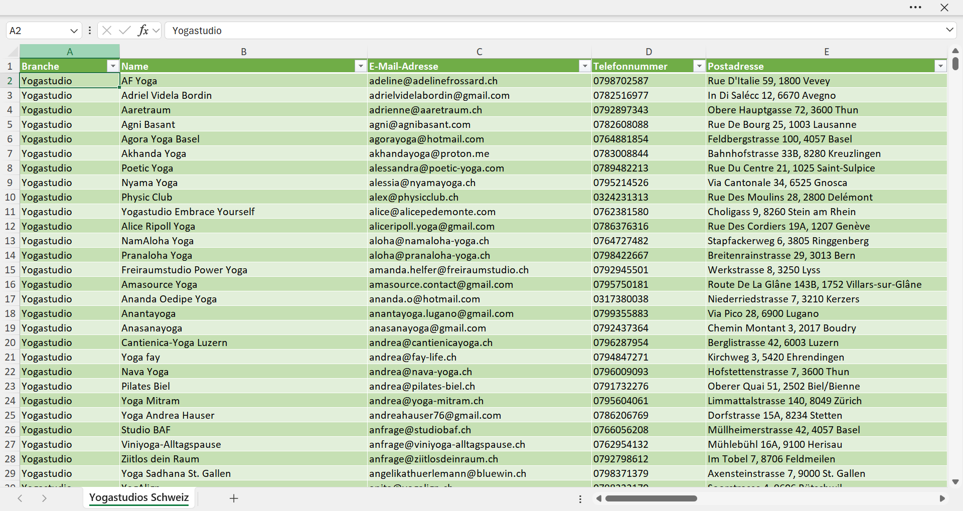 Vorschau der Liste mit den Yogastudio Adressen